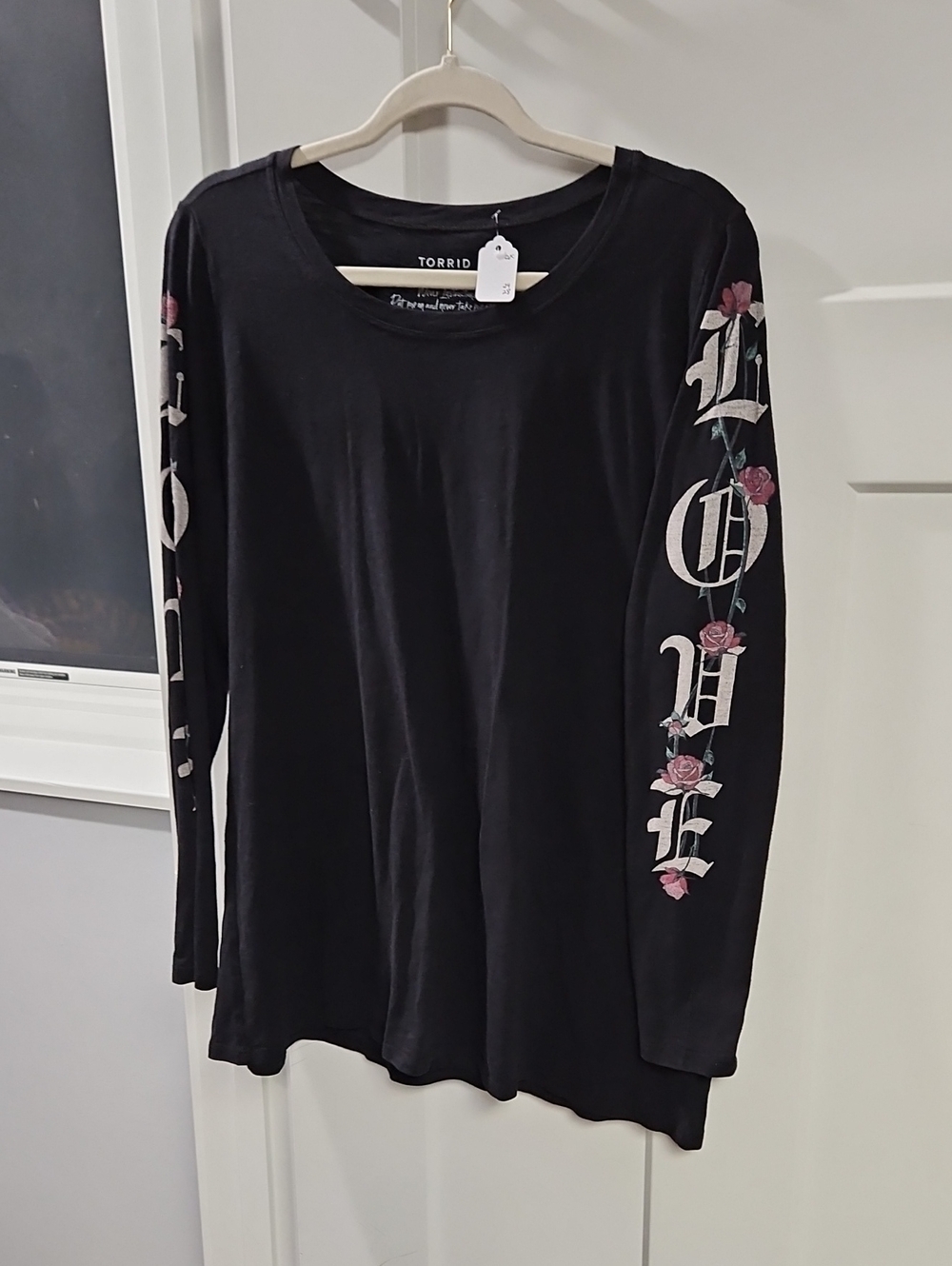 torrid Black Long-Sleeve Tee with Pink Rose Sleeve Graphic